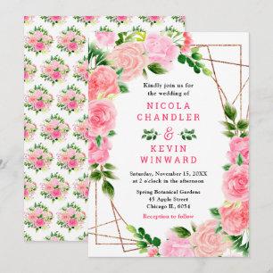 Floral Pink Roses with Foliage Wedding Invitation