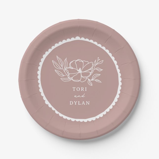 Floral Pink Scalloped Wedding Paper Plate (Front)