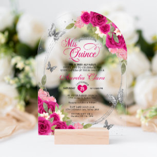 Floral Pink Silver Butterfly Quinceañera Arch Acrylic Invitations