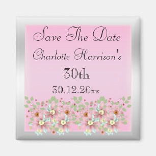 Floral Pink & Silver Save The Date 30th Magnet