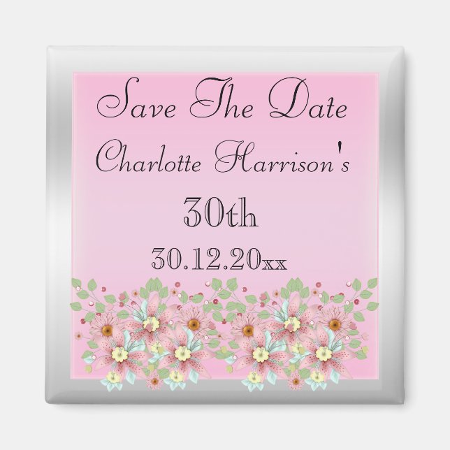 Floral Pink & Silver Save The Date 30th Magnet (Front)