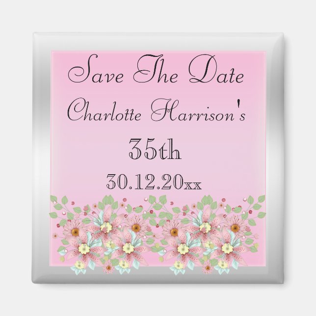 Floral Pink & Silver Save The Date 35th Magnet (Front)
