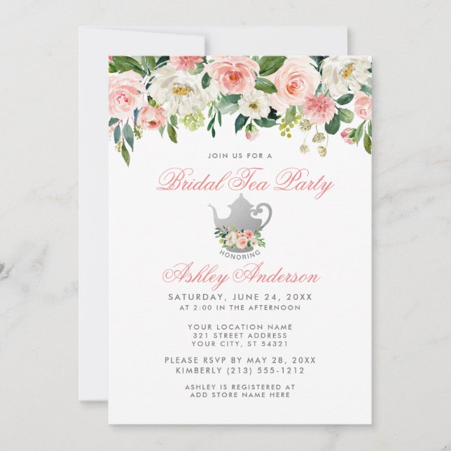Floral Pink Silver Tea Party Bridal Shower Invite (Front)