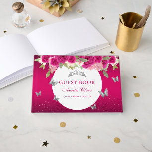 Floral Pink Silver Tiara Butterfly Guest Book