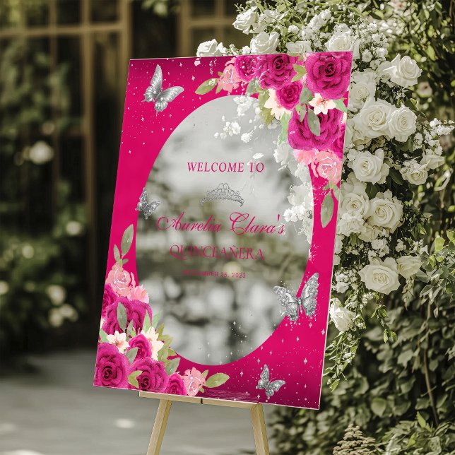 Floral Pink Silver Tiara Butterfly Quinceañera Acrylic Sign (Creator Uploaded)