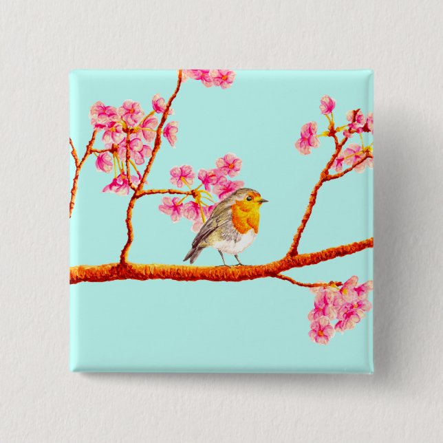 Floral Pink Spring Blossom Robin Bird  2 Inch Square Button (Front)