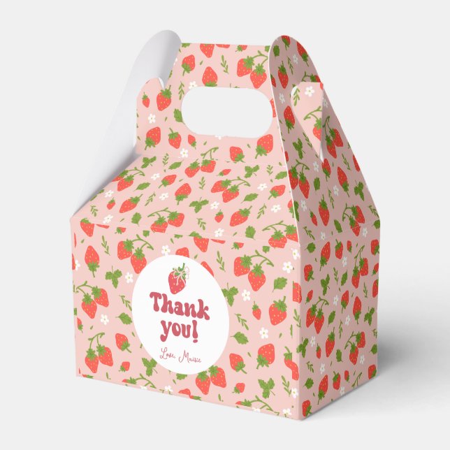 Floral Pink Strawberry Pattern Personalized Party Favor Box (Front Side)