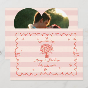 Floral Pink Stripe Botanical Save The Date Photo Invitation