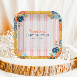 Floral Pink Striped Baby in Bloom Baby Shower Paper Plate