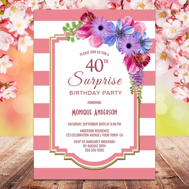Floral Pink Striped Surprise 40th Birthday Party Invitation (Creator Uploaded)