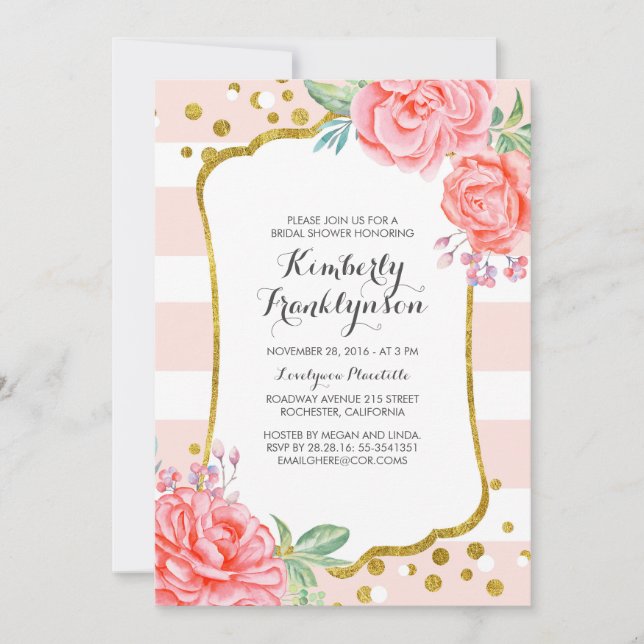 Floral Pink Stripes Gold Confetti Bridal Shower Invitation (Front)