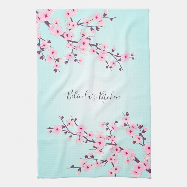 Floral Pink Turquoise Cherry Blossoms Personalize Kitchen Towel (Vertical)