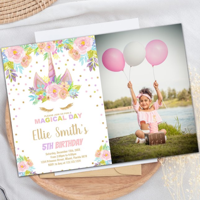 Floral Pink Unicorn Birthday Invitations w photo (Floral Pink Unicorn Birthday Invitations w photo)
