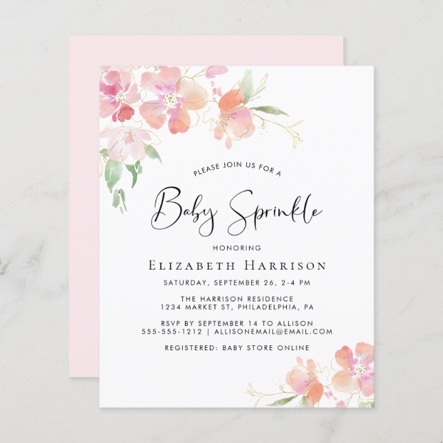 Floral Pink Watercolor Baby Sprinkle Invitation (Front/Back)