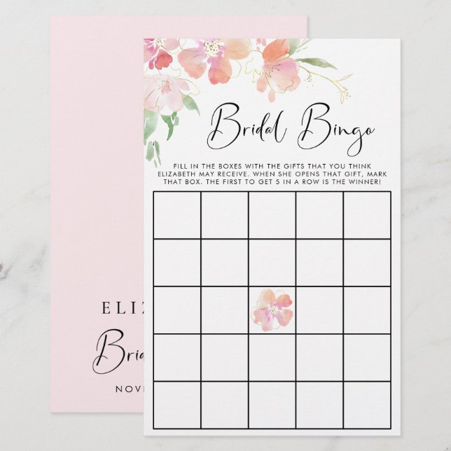 Floral Pink Watercolor Bridal Bingo Shower Game (Front/Back)