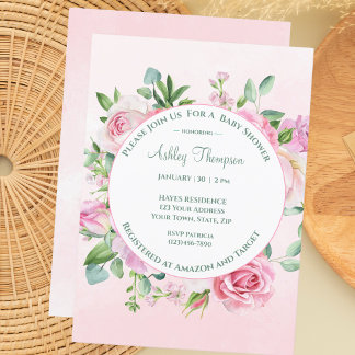  Floral Pink Watercolor Girls Baby Shower     Invitation