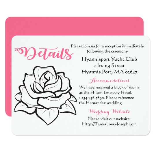 Floral Pink Wedding Detail Black White Rose Flower Card