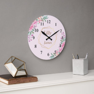 Floral Pink wedding  Large Clock