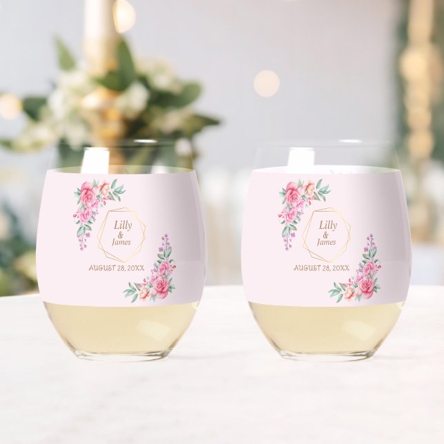 Floral Pink wedding  Stemless Wine Glass (Insitu (Wedding))