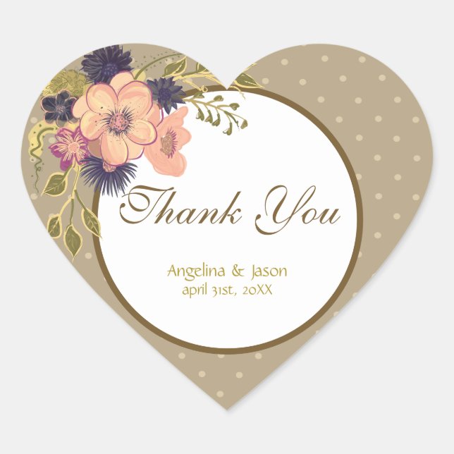 Floral Pink Wedding Thank You Favour Heart Sticker (Front)
