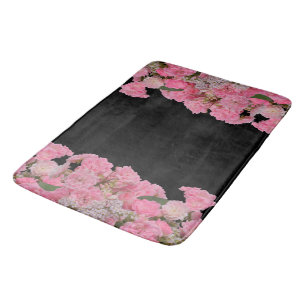 Floral Pink White Flowers black Background Bath Mat