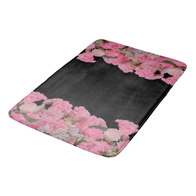 Floral Pink White Flowers black Background Bath Mat (Angled)