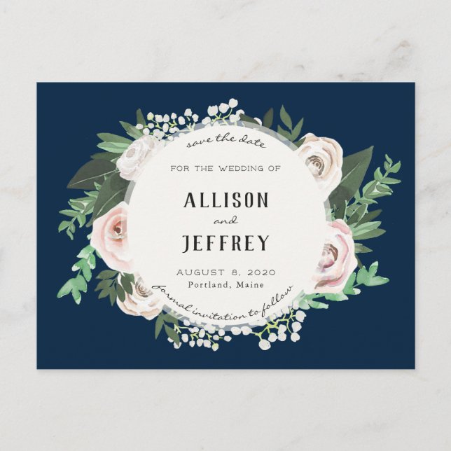 Floral Pink White Green Save the Date Postcard (Front)