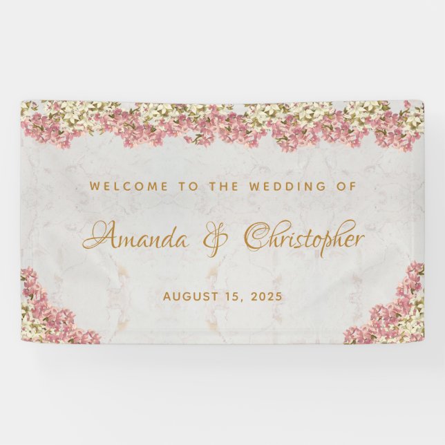 Floral Pink White Orchids Marble  Script Wedding Banner (Horizontal)