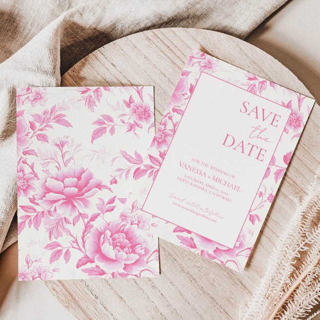 Floral Pink White Toile De Jouy Save The Date (Creator Uploaded)
