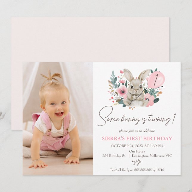 Floral Pink With Photo Some Bunny 1st Birthday Invitation (Front/Back)