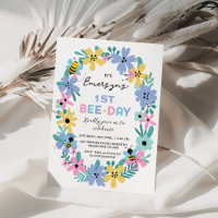 Floral Pink Yellow Bee Bee-Day 1st Birthday
