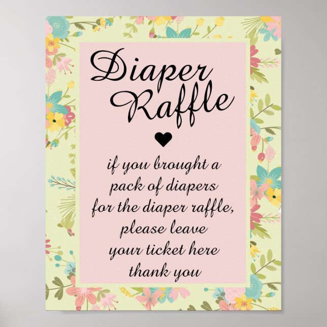 Floral Pink Yellow Green Diaper Raffle Poster (Front)