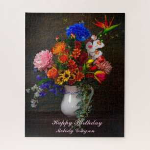 Floral Pitcher Still Life Personalized Birthday Jigsaw Puzzle