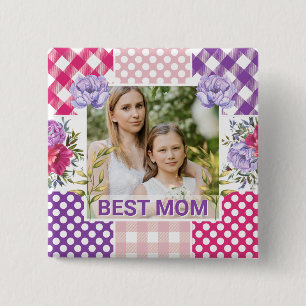 Floral & Plaid Photo Frame Mother's Day 2 Inch Square Button