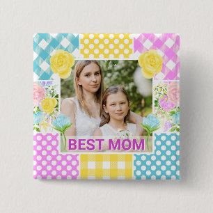 Floral & Plaid Photo Frame Mother's Day 2 Inch Square Button