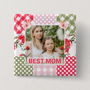 Floral & Plaid Photo Frame Mother's Day 2 Inch Square Button