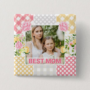 Floral & Plaid Photo Frame Mother's Day 2 Inch Square Button