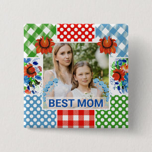 Floral & Plaid Photo Frame Mother's Day 2 Inch Square Button