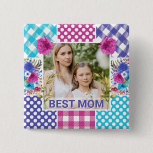 Floral & Plaid Photo Frame Mother's Day 2 Inch Square Button