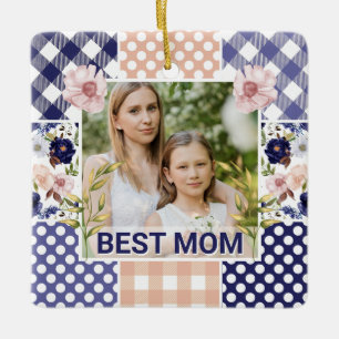 Floral & Plaid Photo Frame Mother's Day Ceramic Ornament