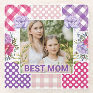 Floral & Plaid Photo Frame Mother's Day Glass Coaster
