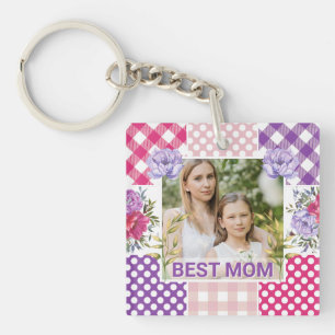 Floral & Plaid Photo Frame Mother's Day Keychain