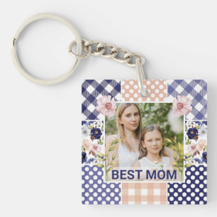 Floral & Plaid Photo Frame Mother's Day Keychain