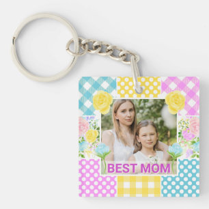 Floral & Plaid Photo Frame Mother's Day Keychain