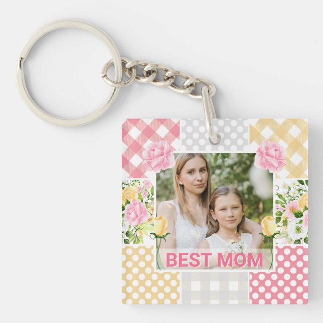 Floral & Plaid Photo Frame Mother's Day Keychain (Front)
