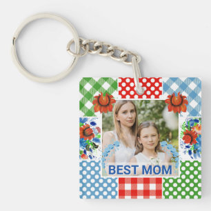 Floral & Plaid Photo Frame Mother's Day Keychain