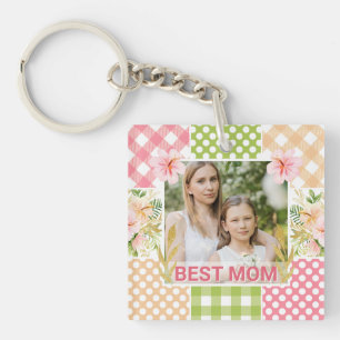 Floral & Plaid Photo Frame Mother's Day Keychain