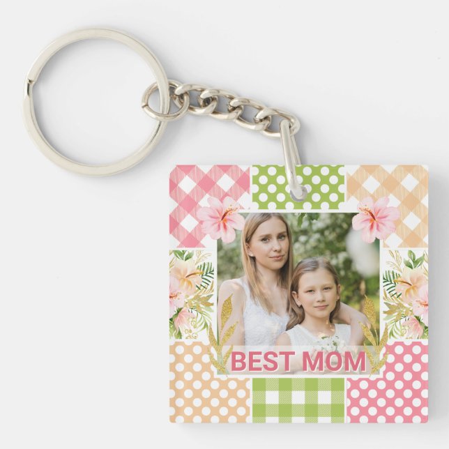 Floral & Plaid Photo Frame Mother's Day Keychain (Front)