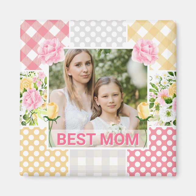 Floral & Plaid Photo Frame Mother's Day Magnet (Front)