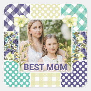 Floral & Plaid Photo Frame Mother's Day Square Sticker
